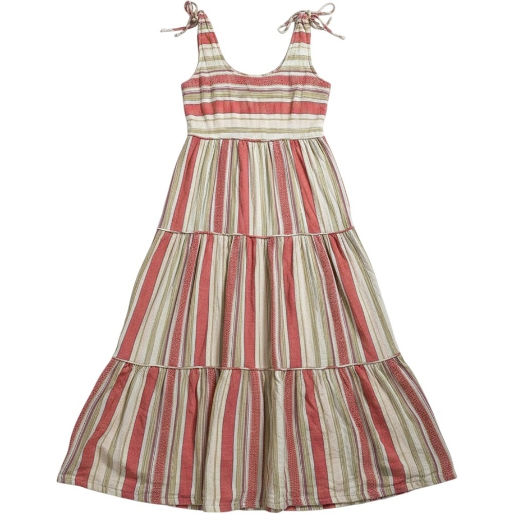 Faherty‎ Striped Tiered Maxi Dress XS Organic Cotton Linen Blend Tie Shoulder